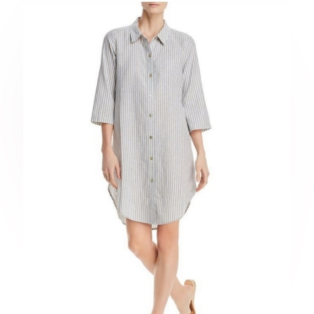 XL Eileen Fisher striped button front dress hemp/ organic cotton blue/natural